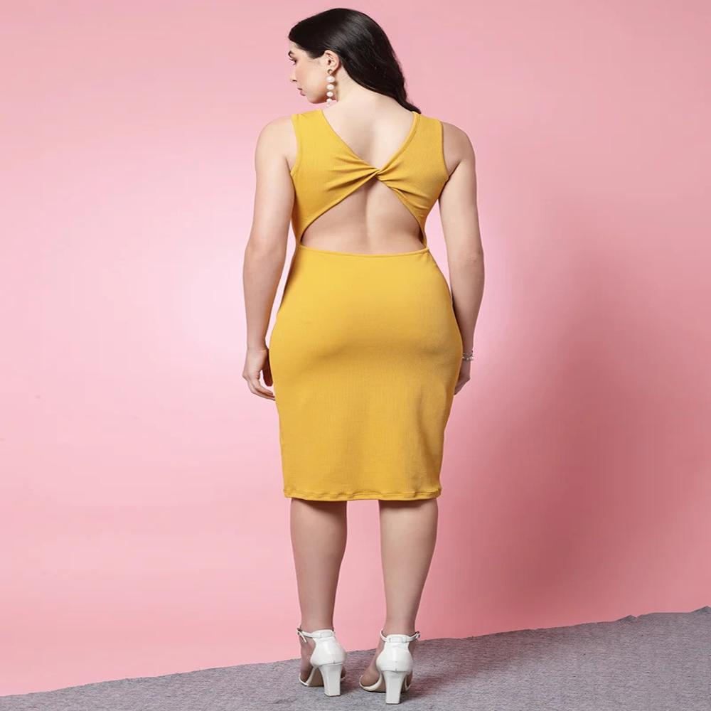 Yellow Round Neck Lycra Bodycon Dress