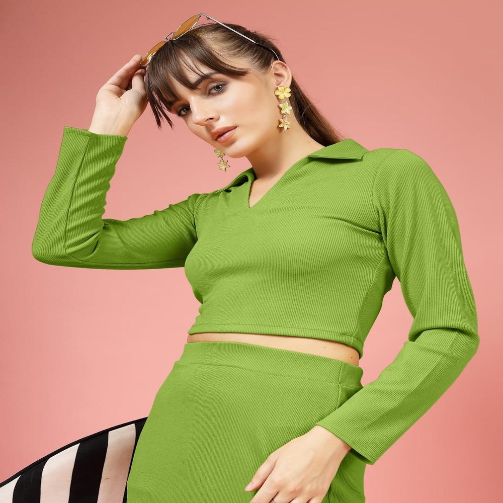 Stretchable Full Sleeved Ribbed Top - Color: Light Green
