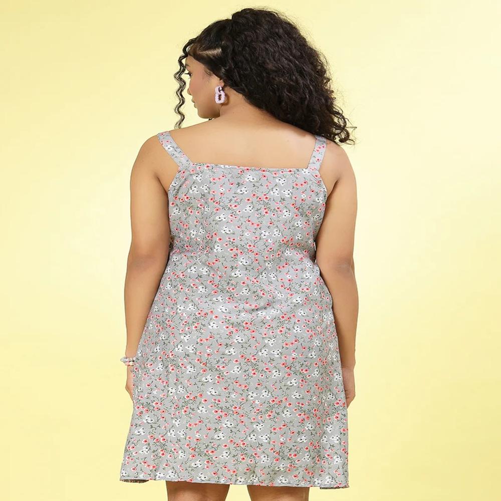 Grey Floral Printed Crepe Midi Dress
