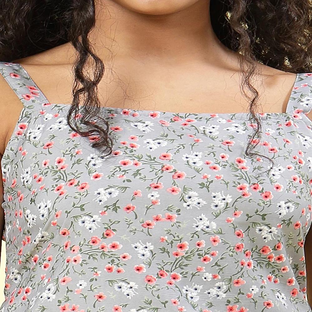 Grey Floral Printed Crepe Midi Dress