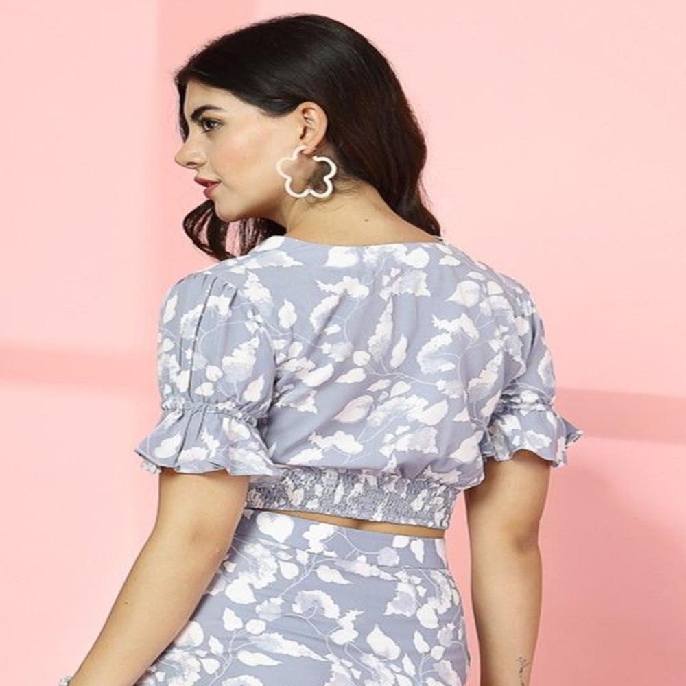 Floral Printed Bell Sleeve Crepe Blouson Top