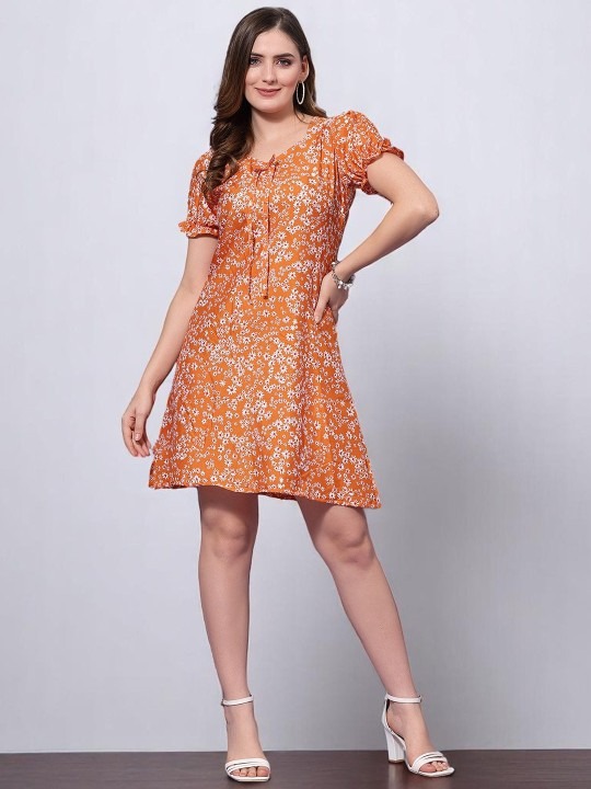 Women Floral Printed Puff Sleeve A-line Dress