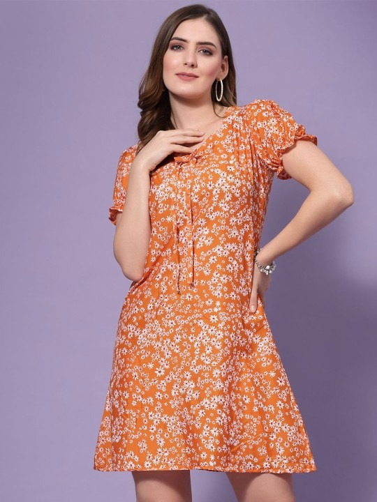 Women Floral Printed Puff Sleeve A-line Dress