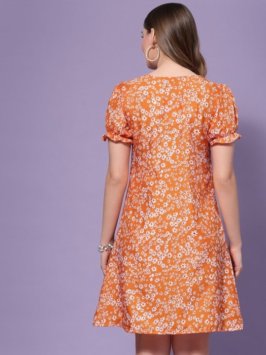 Women Floral Printed Puff Sleeve A-line Dress