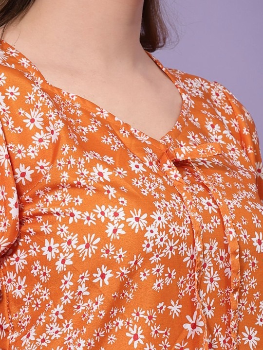 Women Floral Printed Puff Sleeve A-line Dress