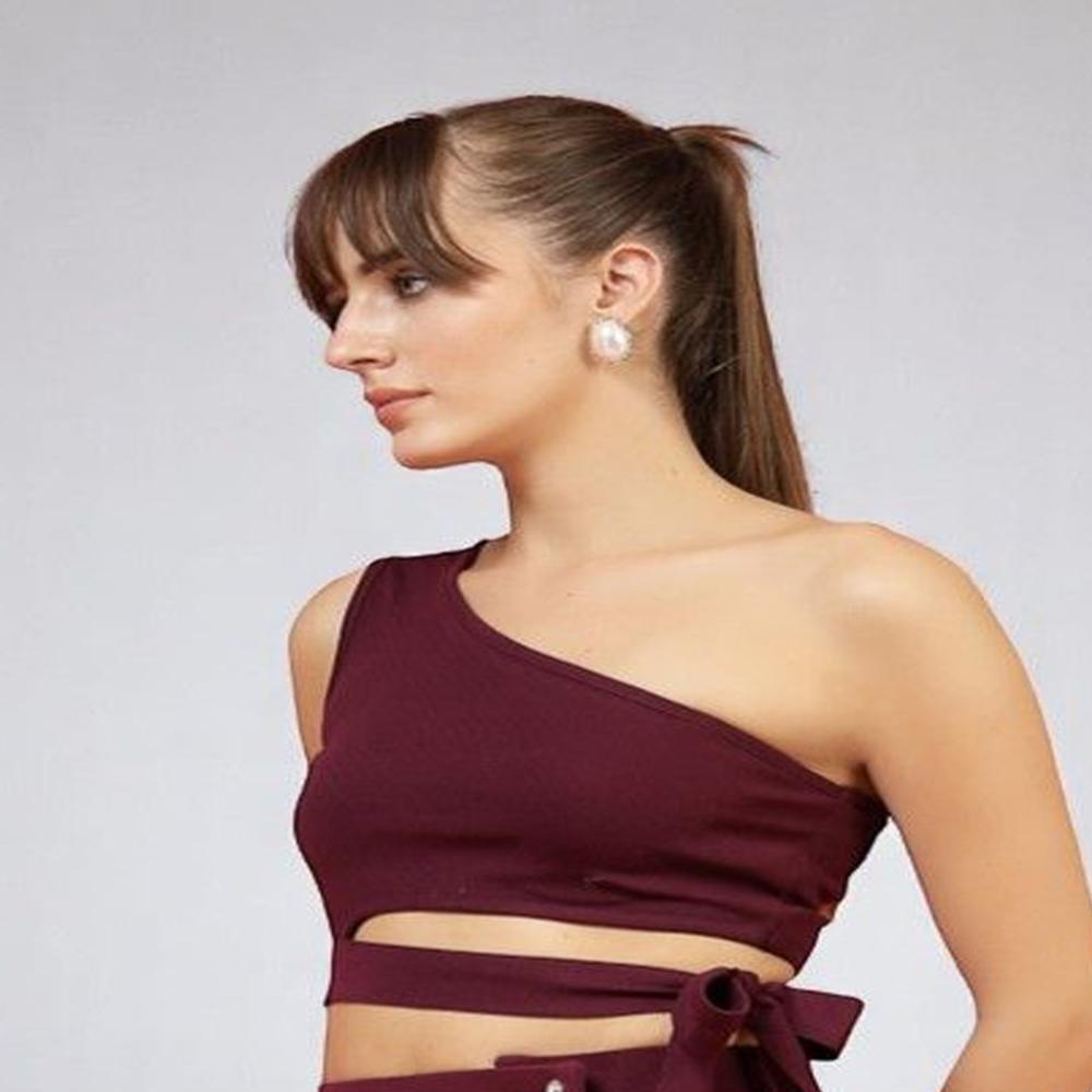 One Shoulder Crop Top - Color: Brown