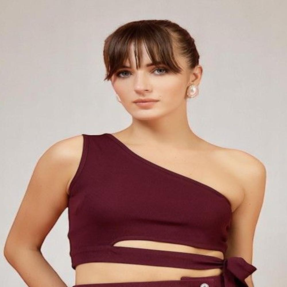 One Shoulder Crop Top - Color: Brown