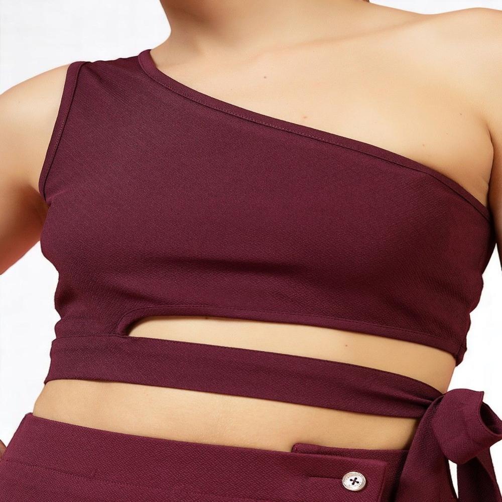 One Shoulder Crop Top - Color: Brown