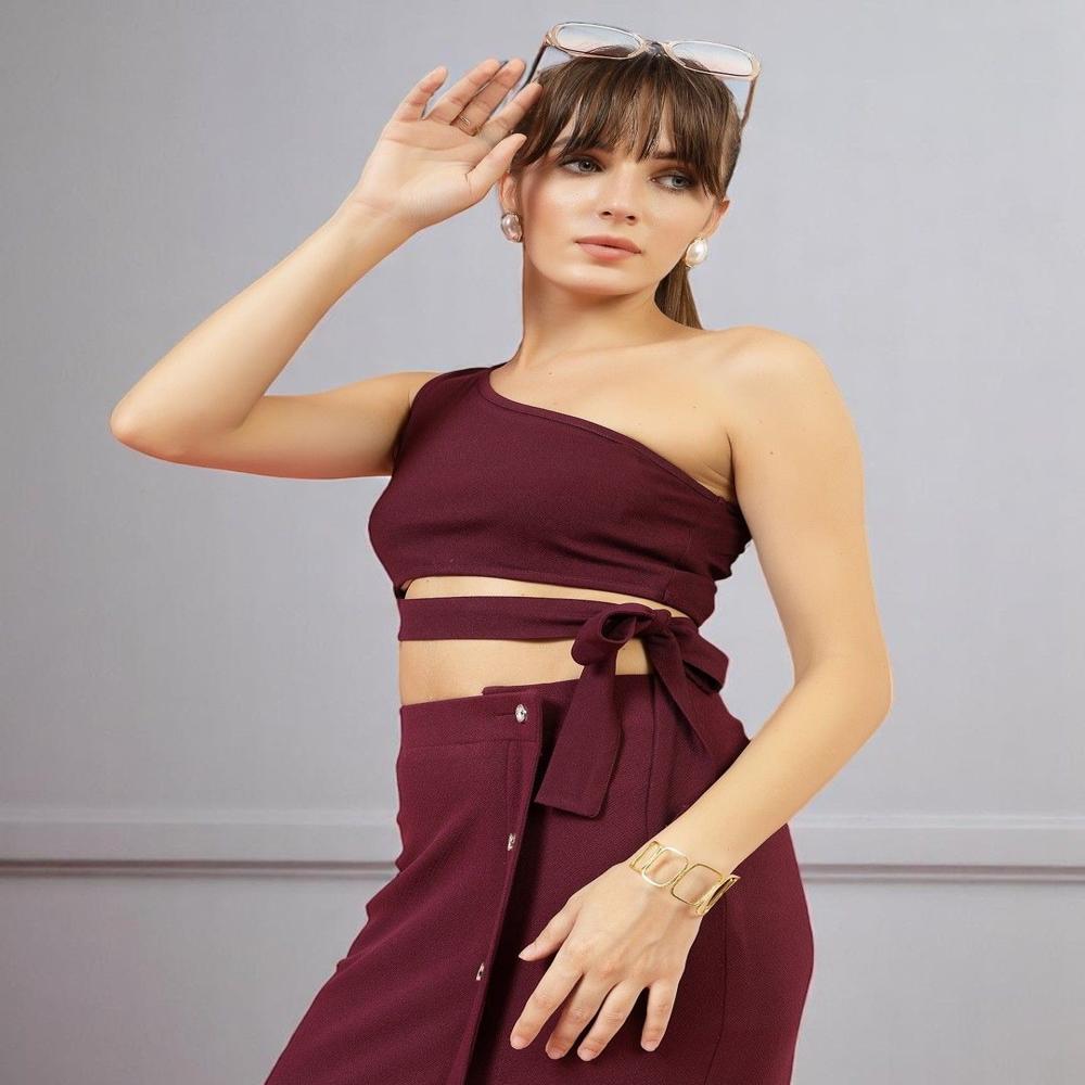 One Shoulder Crop Top - Color: Brown