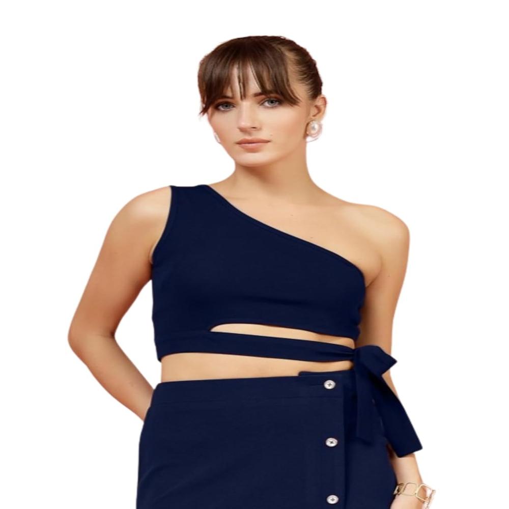 One Shoulder Crop Top , Sleeveless - Color: Blue