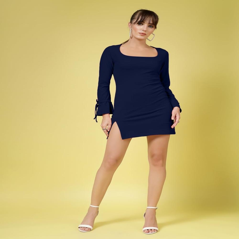 Stretchable Mini Lycra Shirt Dress For Women, Bodycon - Color: Navy Blue