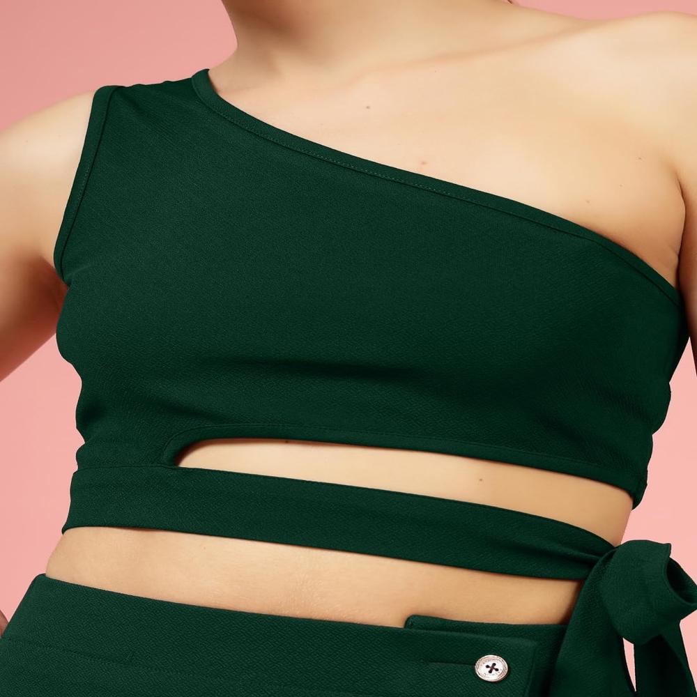 One Shoulder Crop Top - Color: Green
