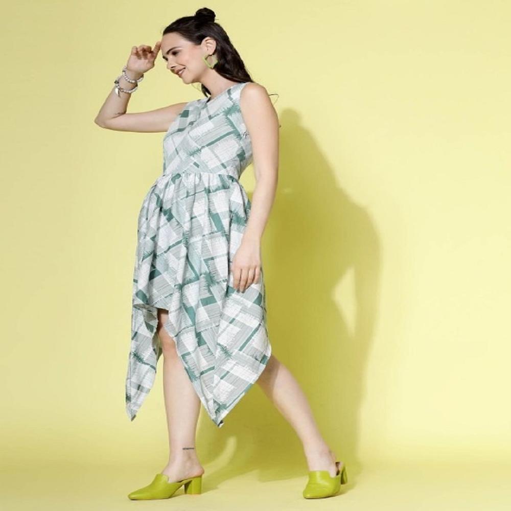Women Geometric Checked V-Neck Fit & Flare Dress