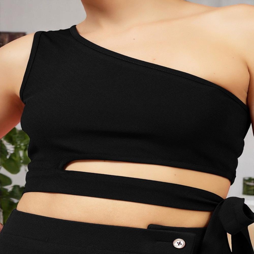 Solid One Shoulder Cut Outs Crepe Crop - Color: Black