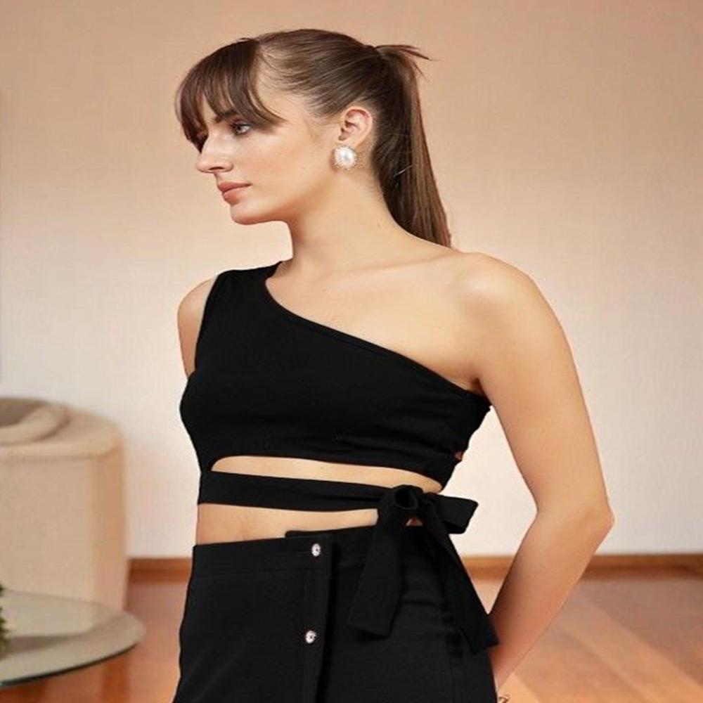 Solid One Shoulder Cut Outs Crepe Crop - Color: Black
