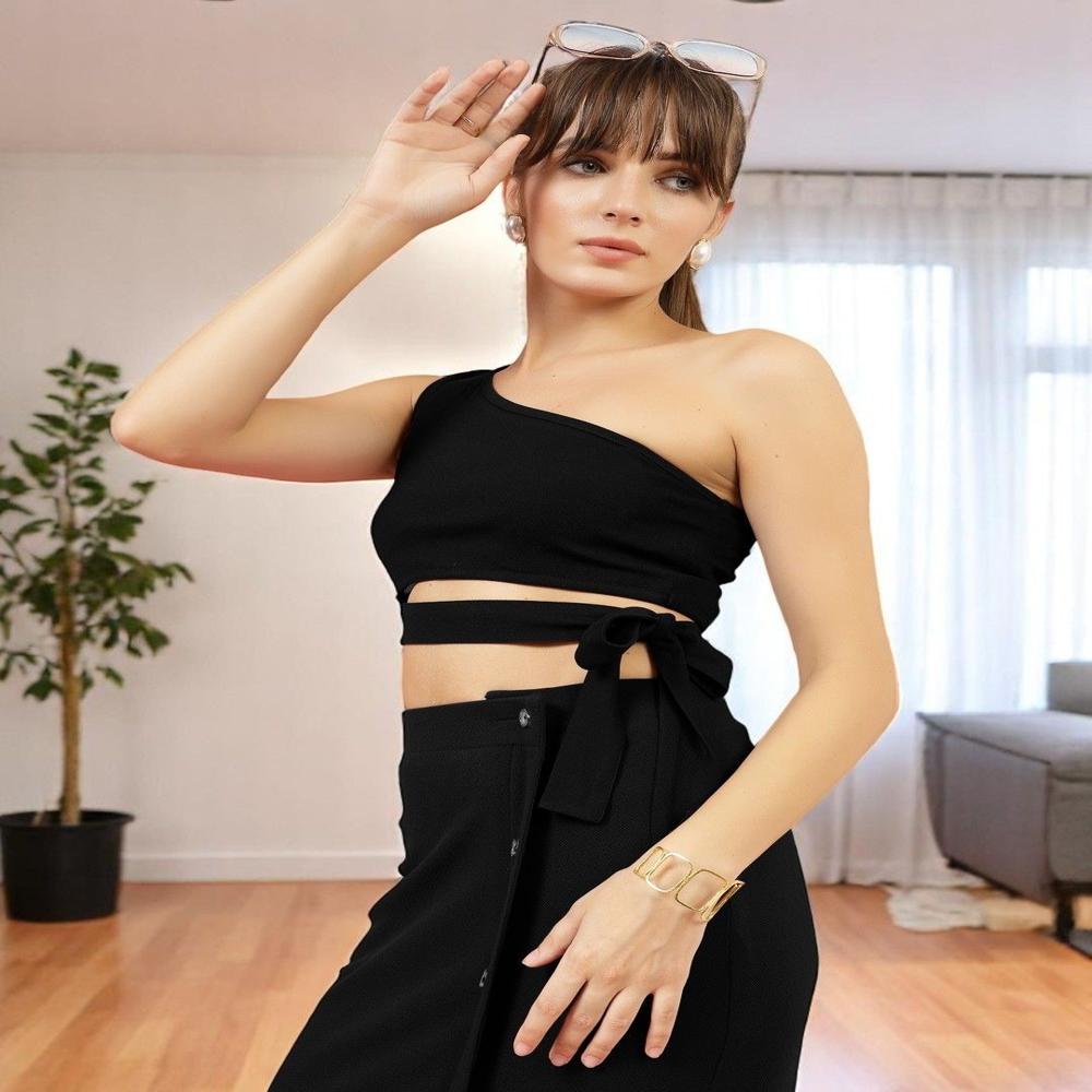 Solid One Shoulder Cut Outs Crepe Crop - Color: Black