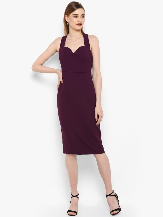 Women Purple Solid Sheath Dress - Color: Wine