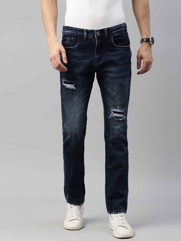Mens Washed Navy Torn Jeans
