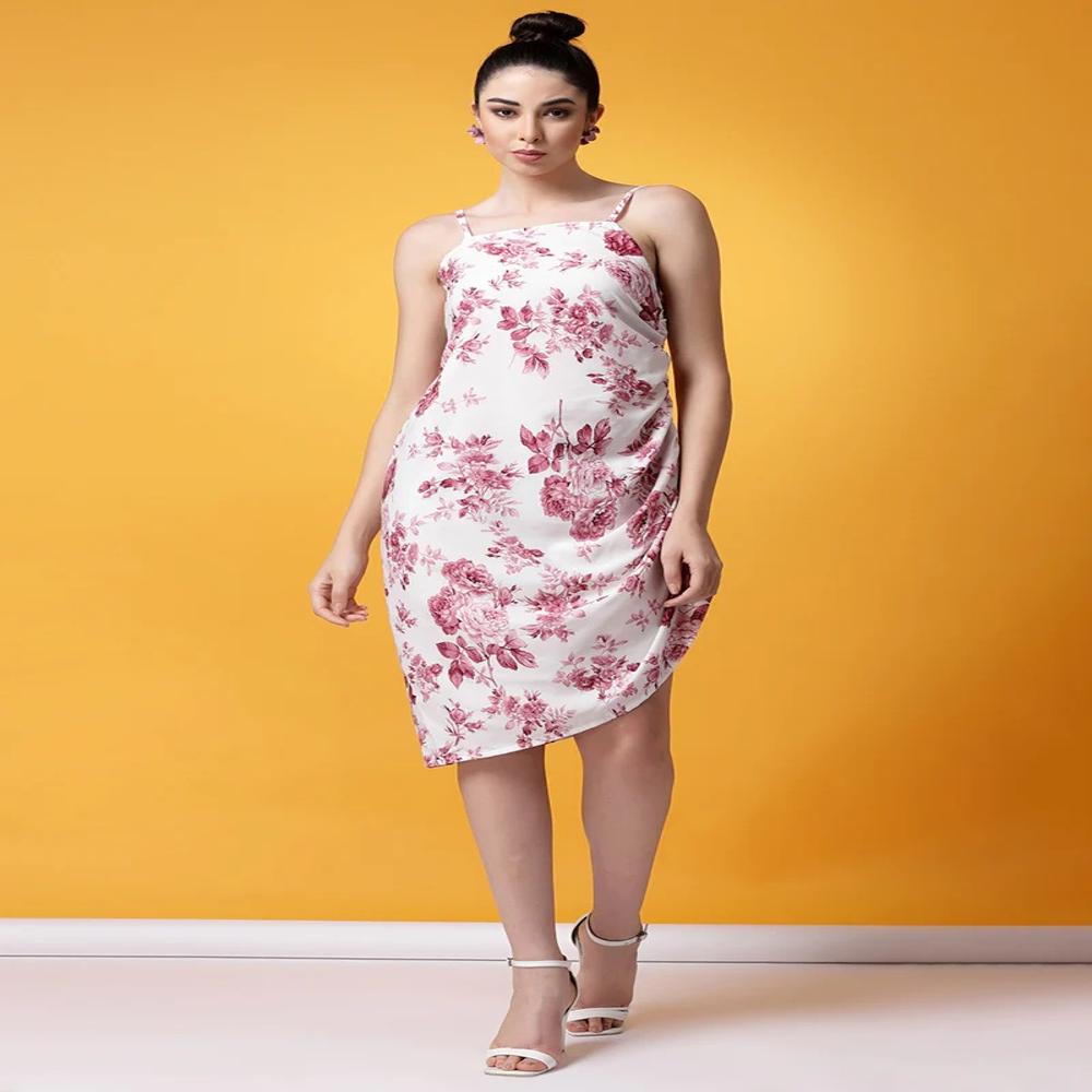 White And Maroon Floral Printed Crepe Mini Dress