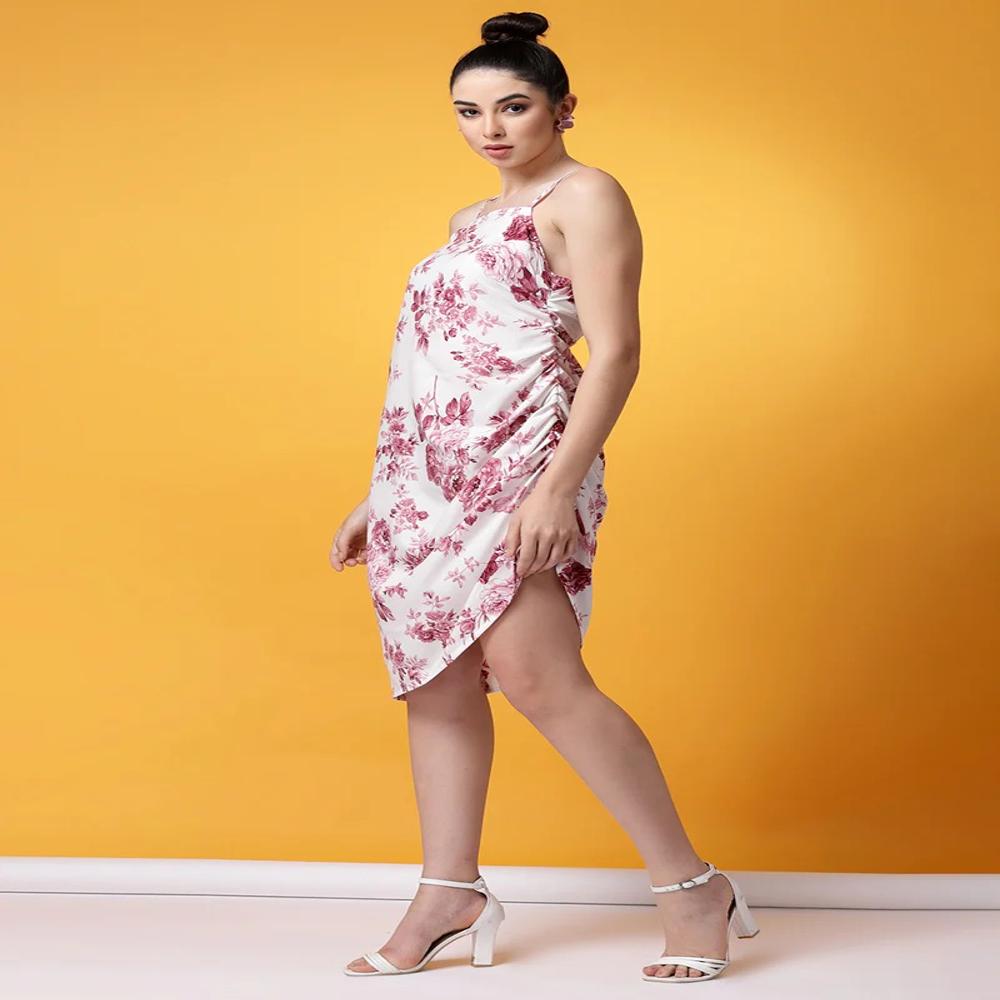 White And Maroon Floral Printed Crepe Mini Dress