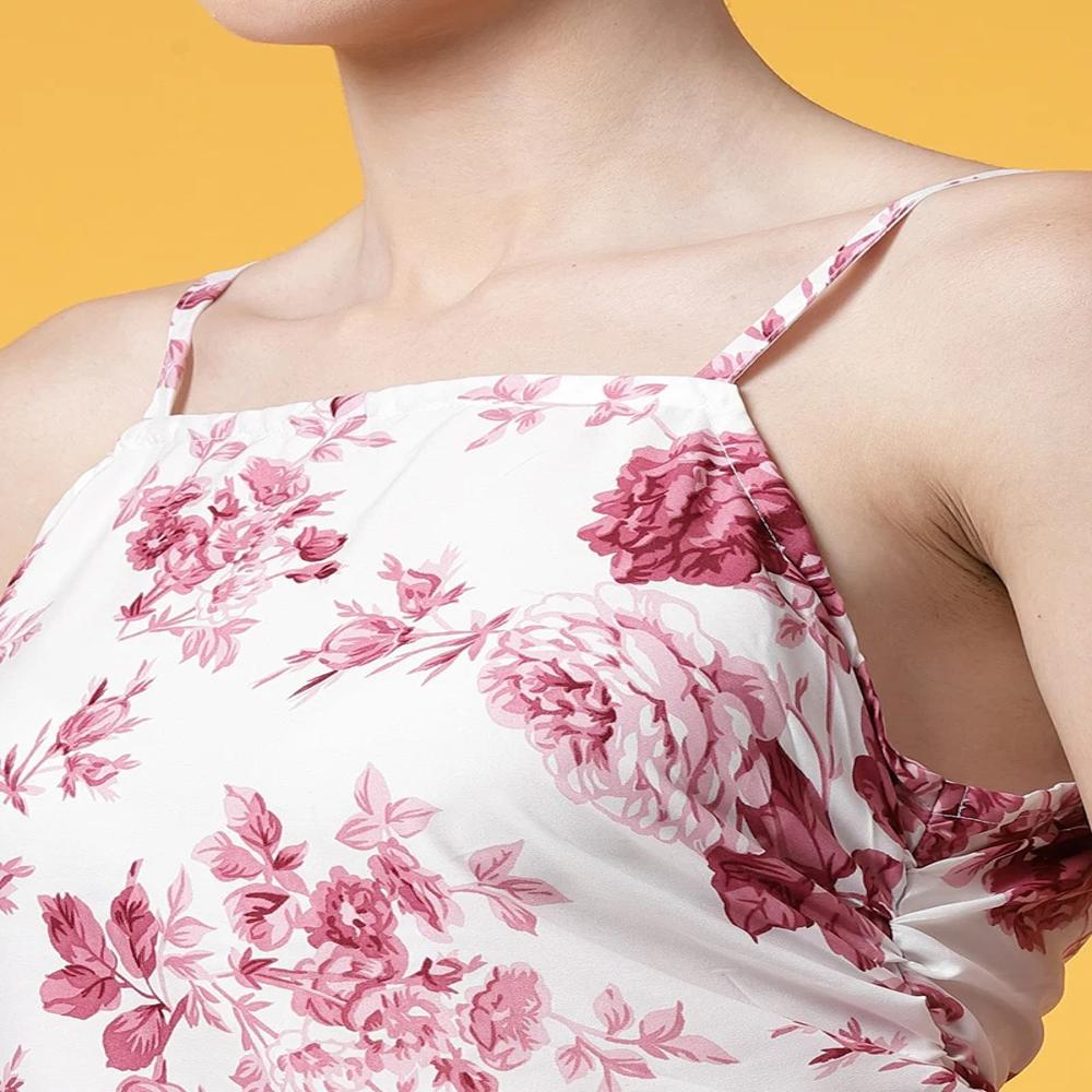 White And Maroon Floral Printed Crepe Mini Dress