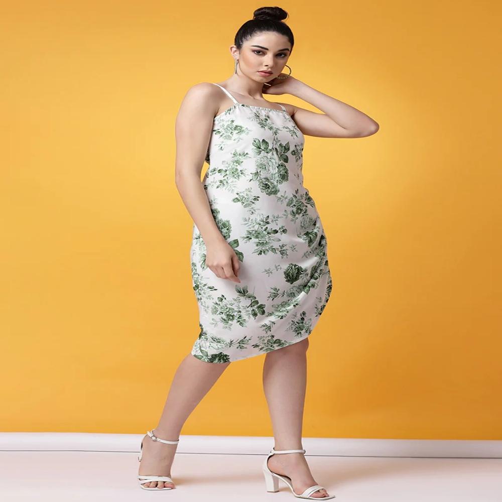 White And Green Floral Printed Crepe Mini Dress