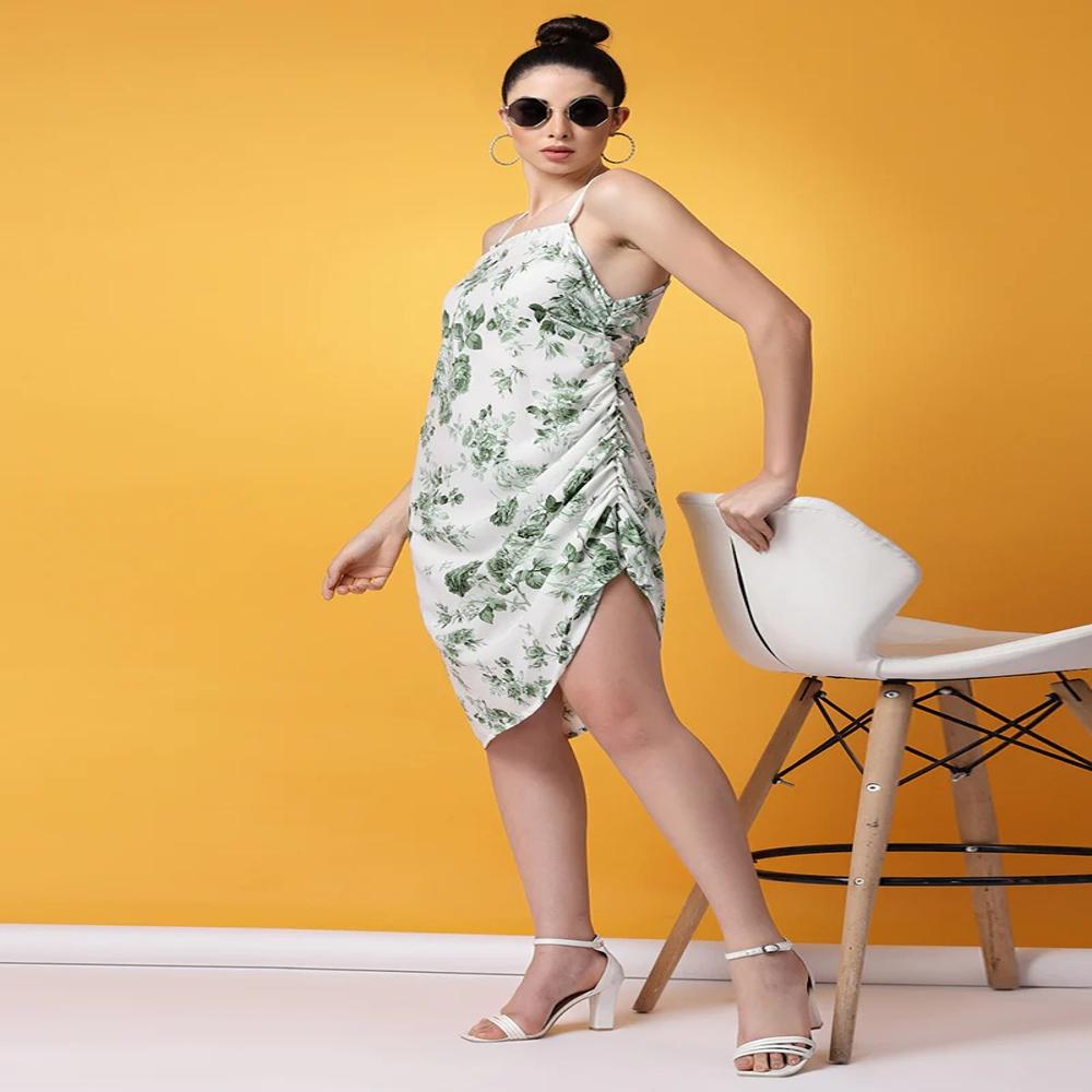 White And Green Floral Printed Crepe Mini Dress