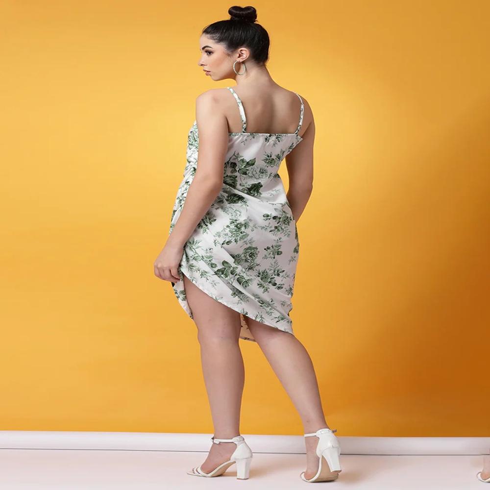 White And Green Floral Printed Crepe Mini Dress