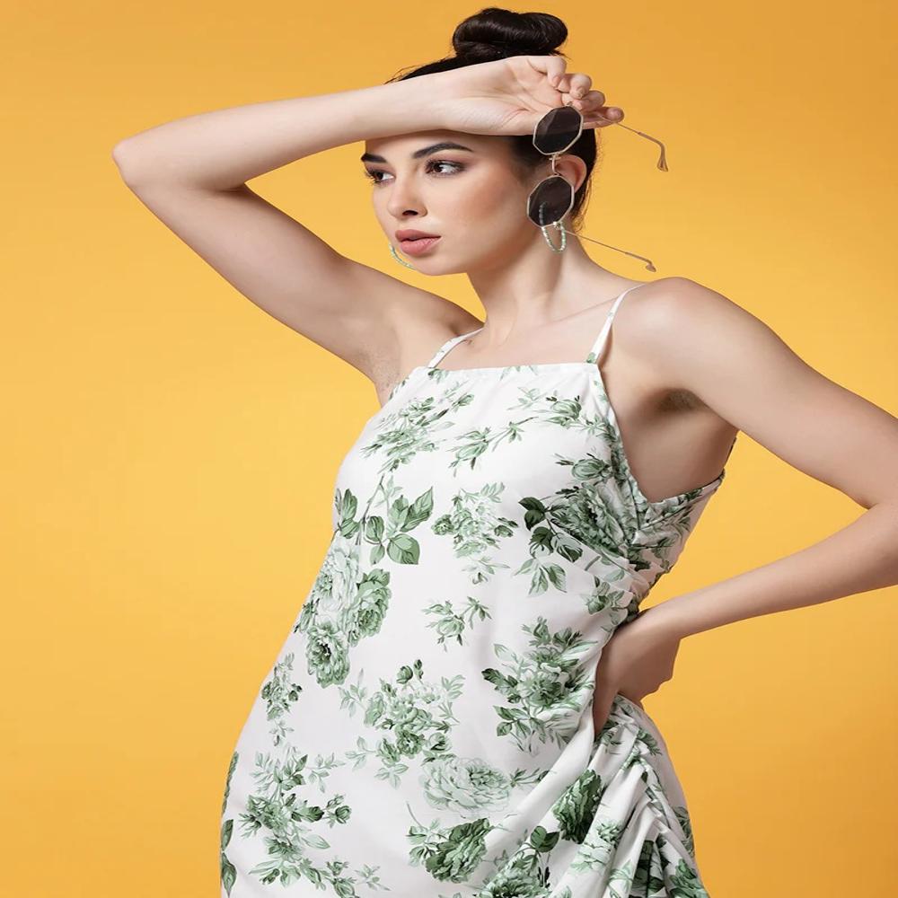 White And Green Floral Printed Crepe Mini Dress