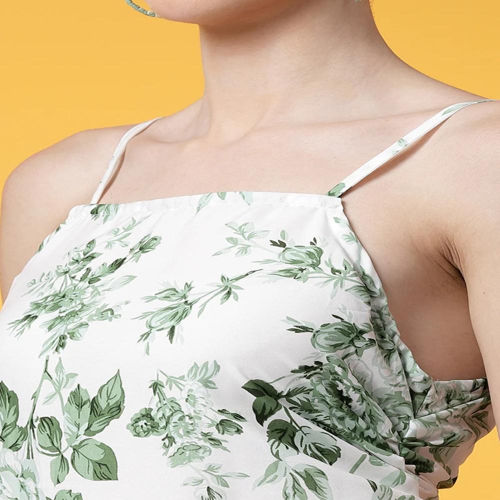 White And Green Floral Printed Crepe Mini Dress