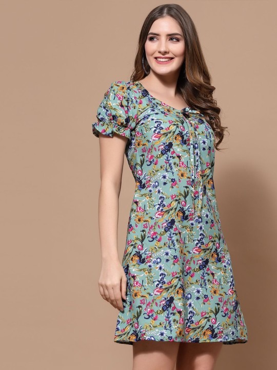 Floral Printed Puff Sleeve Crepe Sheath Mini Dress