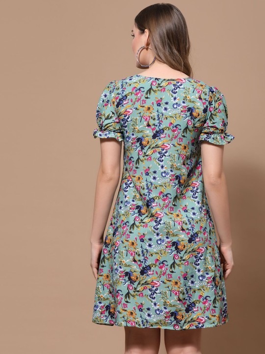 Floral Printed Puff Sleeve Crepe Sheath Mini Dress