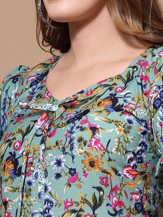 Floral Printed Puff Sleeve Crepe Sheath Mini Dress