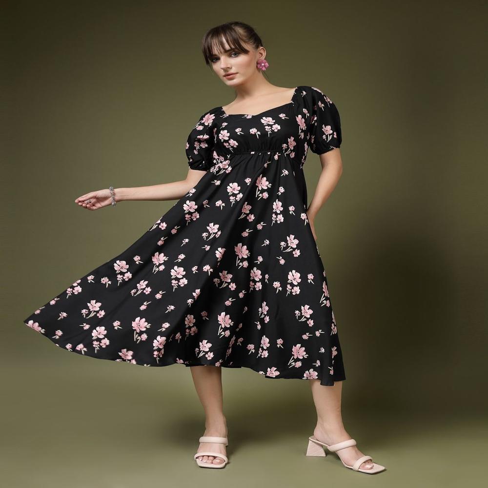 Floral Printed Puff Sleeve Maxi Dress - Color: Black