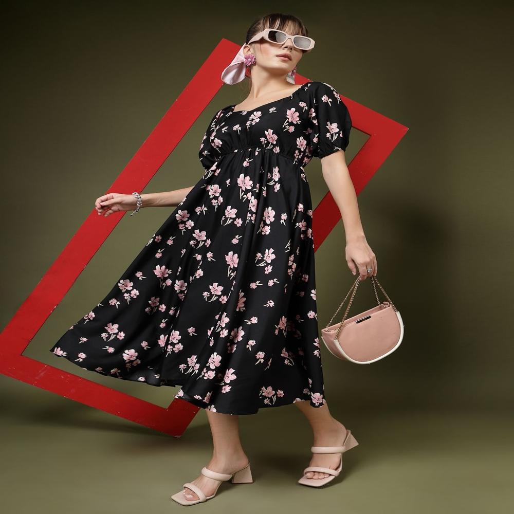 Floral Printed Puff Sleeve Maxi Dress