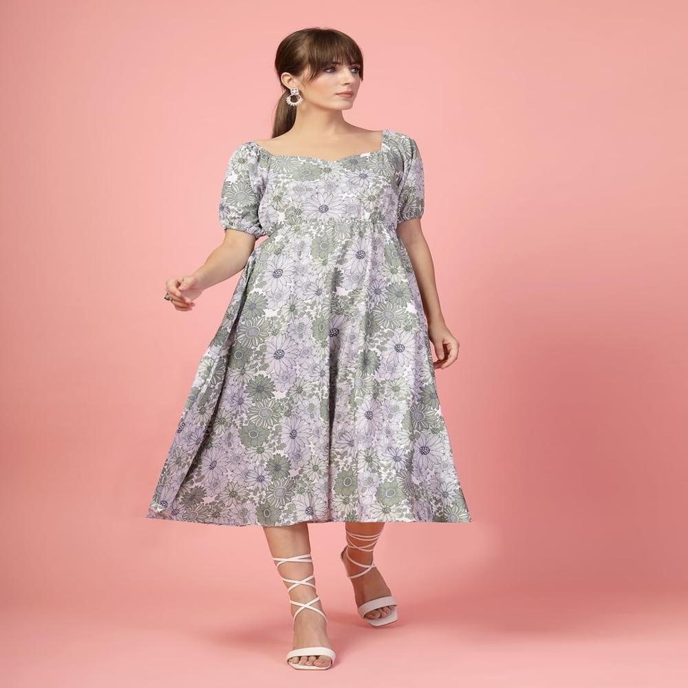 Floral Round Neck Pink Dresses - Color: Grey