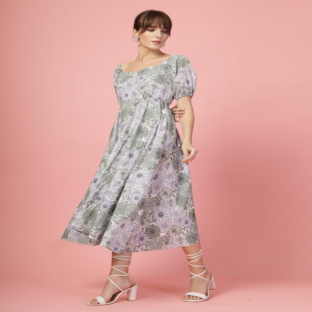 Floral Round Neck Pink Dresses