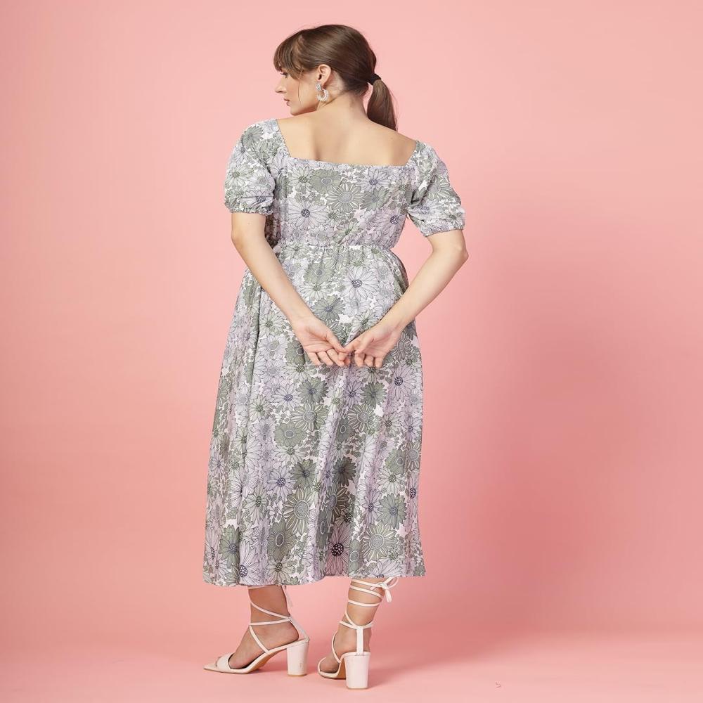 Floral Round Neck Pink Dresses