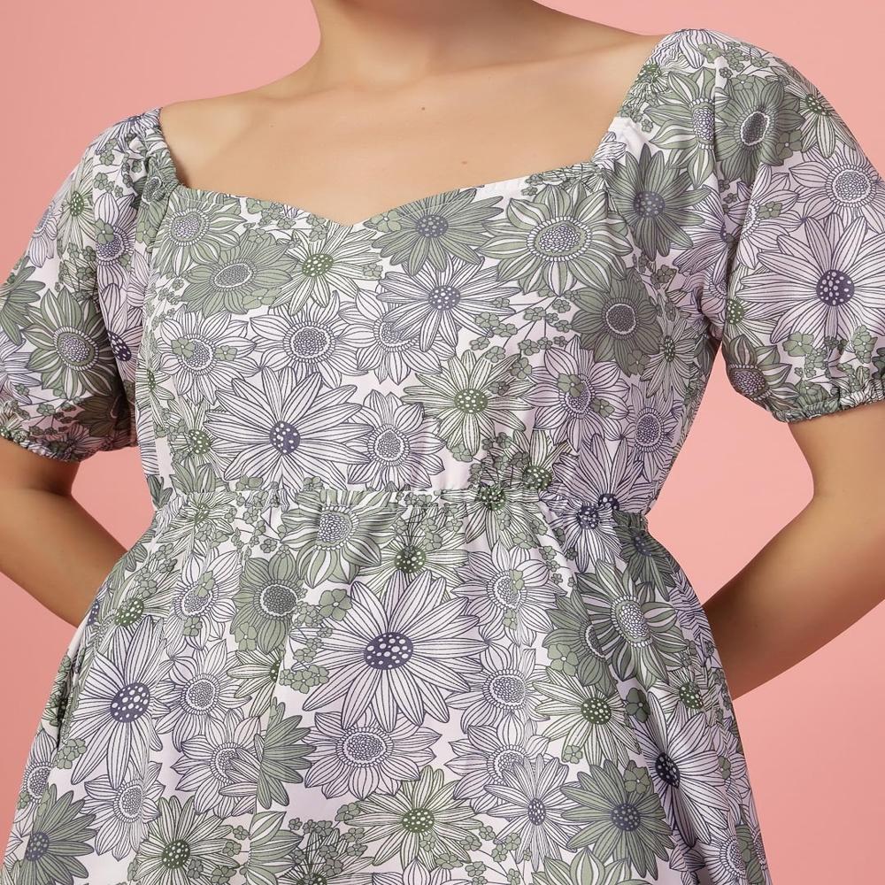 Floral Round Neck Pink Dresses