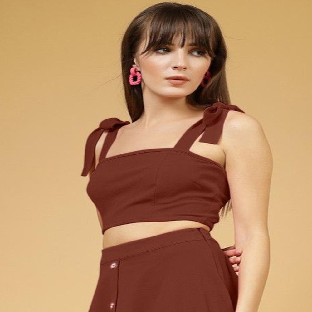 Shoulder Straps Crop Top - Color: Coffe