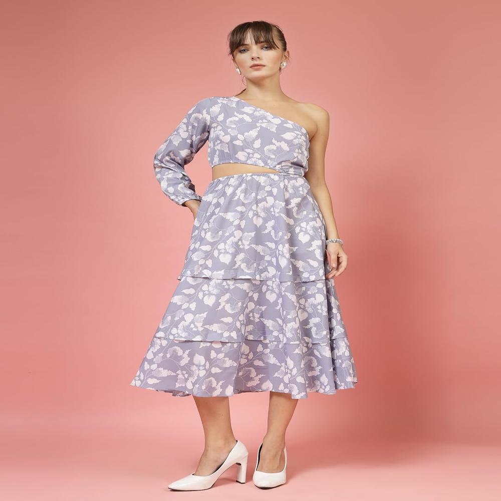 One Shoulder Midi Dress - Color: Multicolor