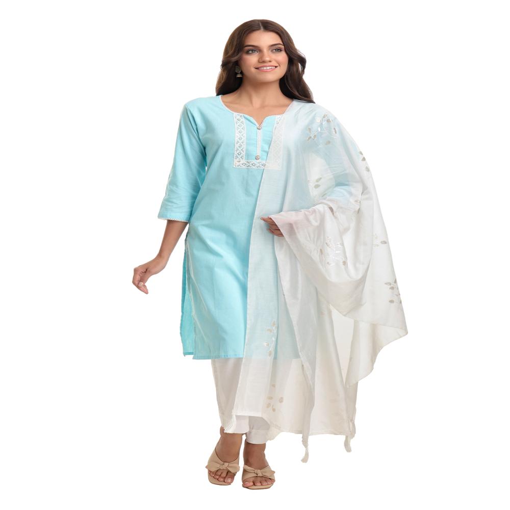 Sky Blue Cotton Kurta Set with Embroidered Dupatta  Festive & Daily Wear