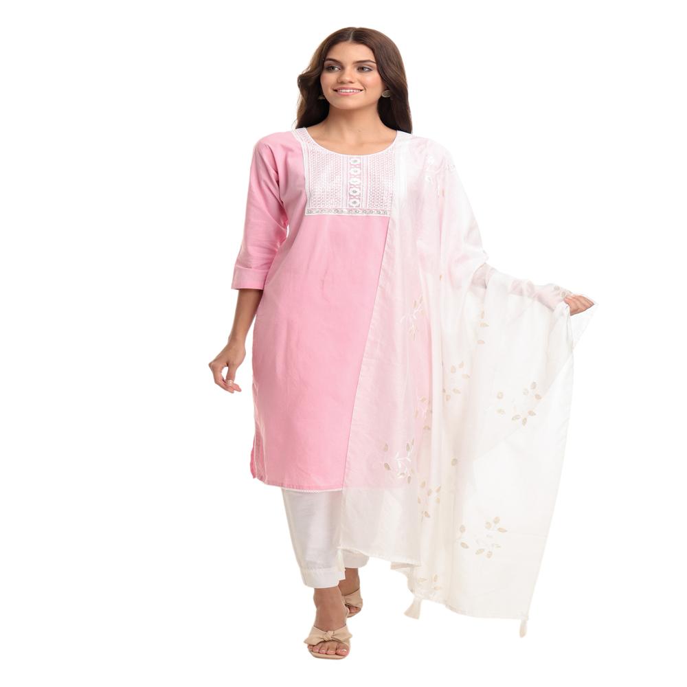 Pink Cotton Kurta Set With Embroidered Dupatta Festive & Party Wear - Design: Comfort