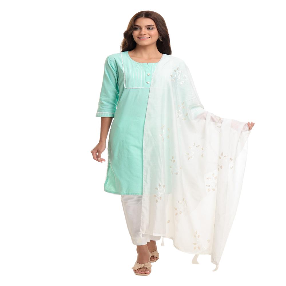 Aqua Green Cotton Kurta Set With Embroidered Dupatta Festive & Daily Wear - Feature: Washable
