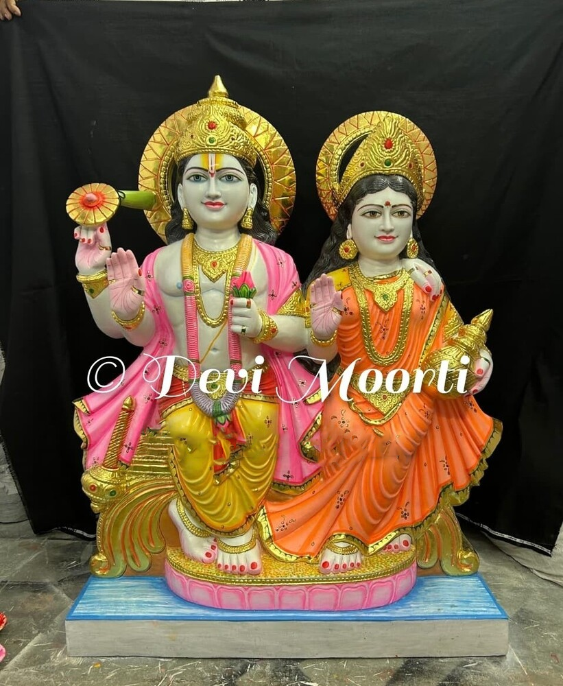 White Marble Laxmi Narayan Statue - Handcrafted Hindu Goddess Idol For Home & Temple Decor - Height: 30 Inch Inch (In)
