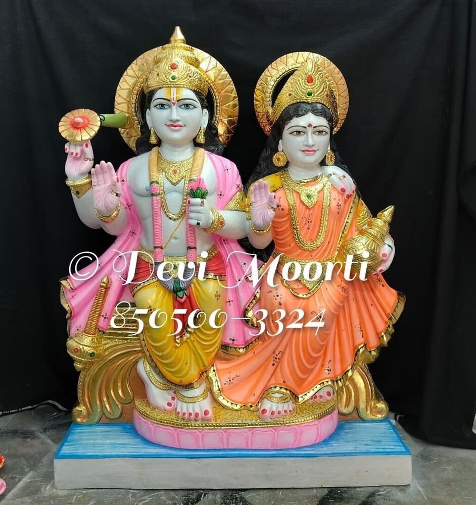 White Marble Laxmi Narayan Statue - Handcrafted Hindu Goddess Idol For Home & Temple Decor - Height: 30 Inch Inch (In)