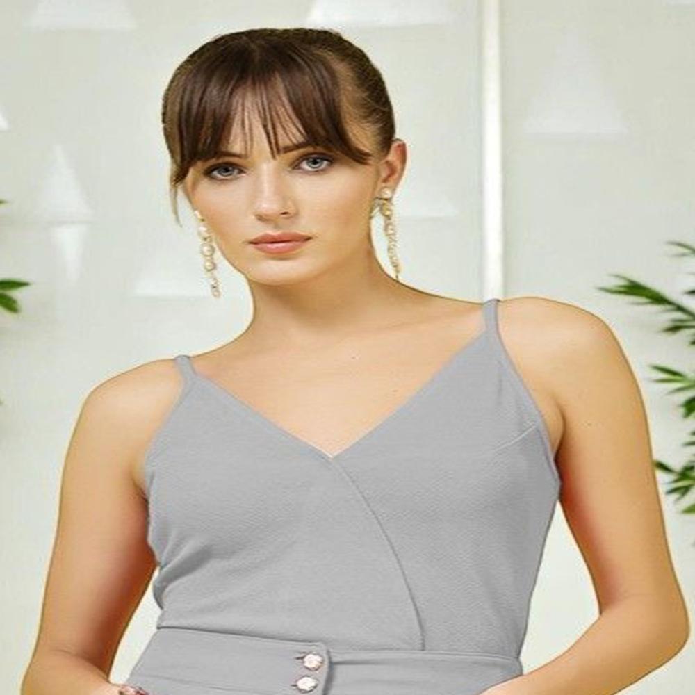 Solid V-neck Sleeveless Crop Top - Color: Grey