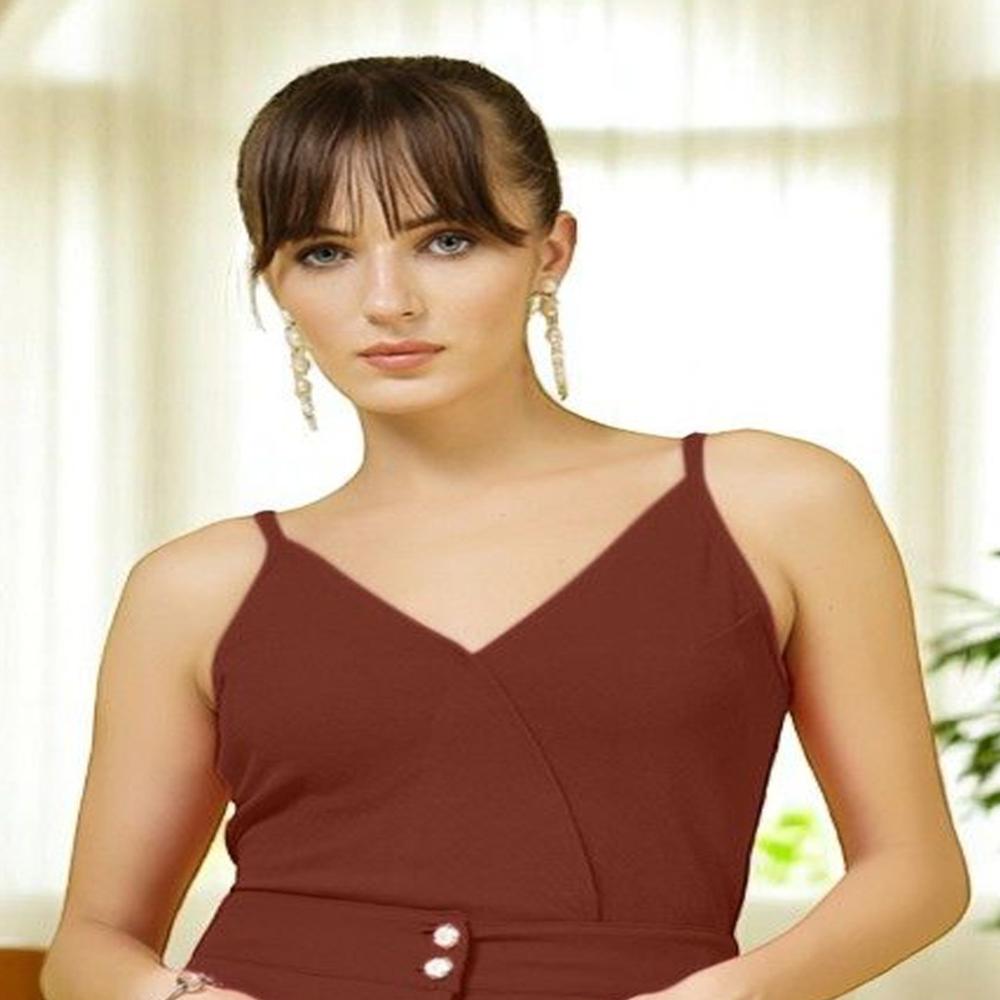 Solid V-neck Crop Top - Color: Brown