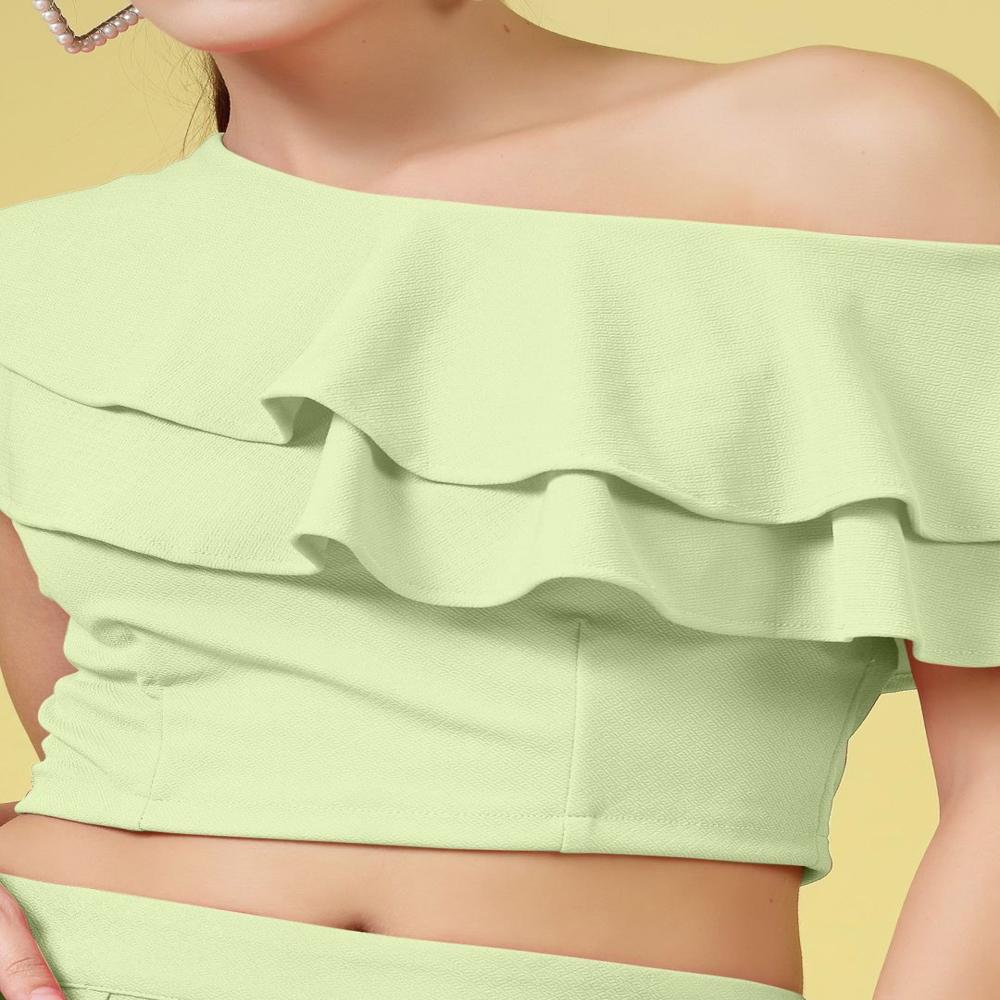 One Shoulder Layered Crop Top - Color: Green