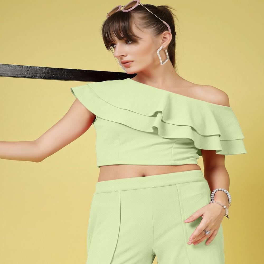 One Shoulder Layered Crop Top - Color: Green